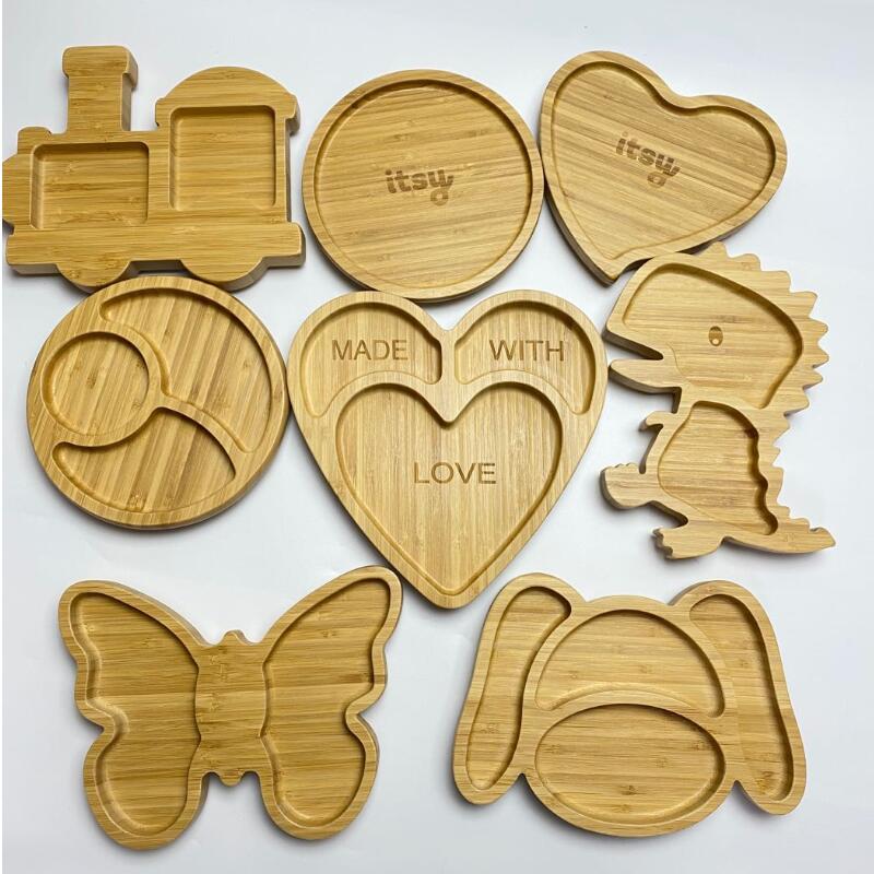 Bamboo Wooden Elephant Baby Toddler Plate and Spoon Set with Silicone Suction Base