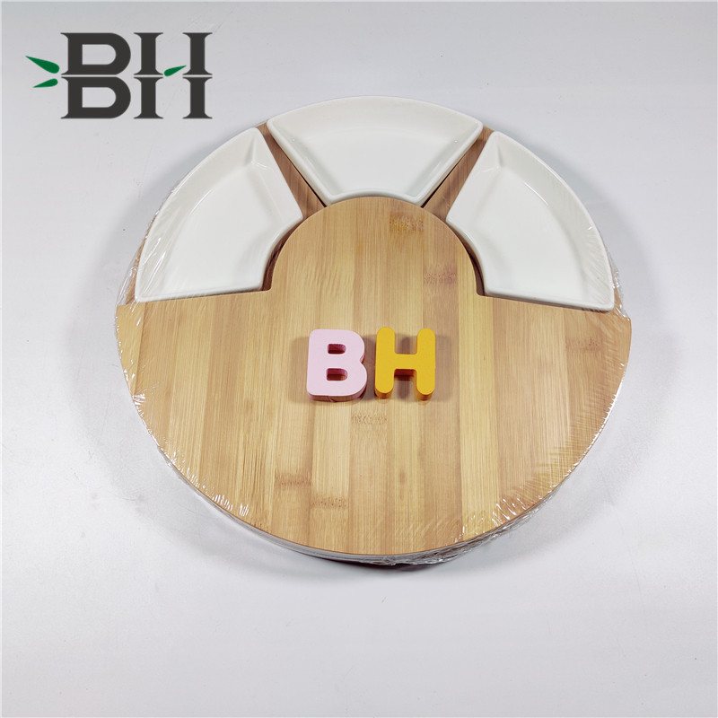 Rotatable Round Bamboo Cheese Serving Platter with Cheese Grater and Knife Set (WHITE)