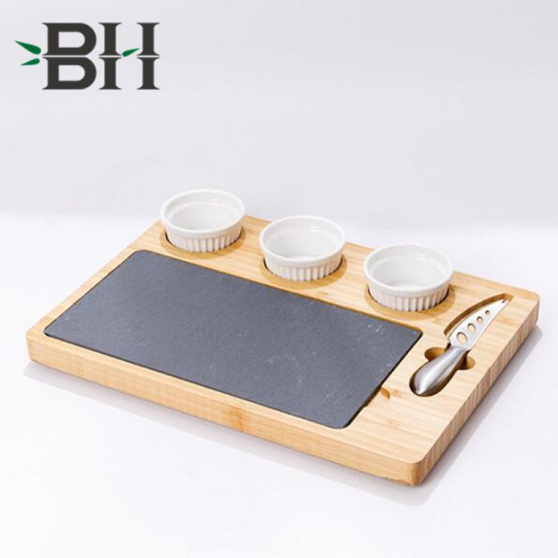 Bamboo & Slate Cheese/Charcuterie Board - Includes 3 Ceramic Bowls & Cheese Knife