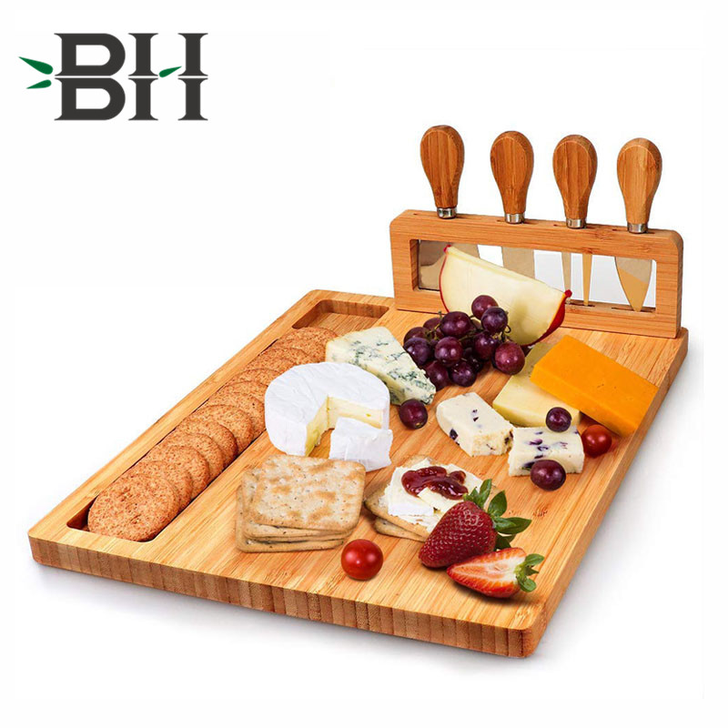 Bamboo Cheese Charcuterie Platter and Serving Tray Including 4 Stainless Steel Knife and Serving Utensil