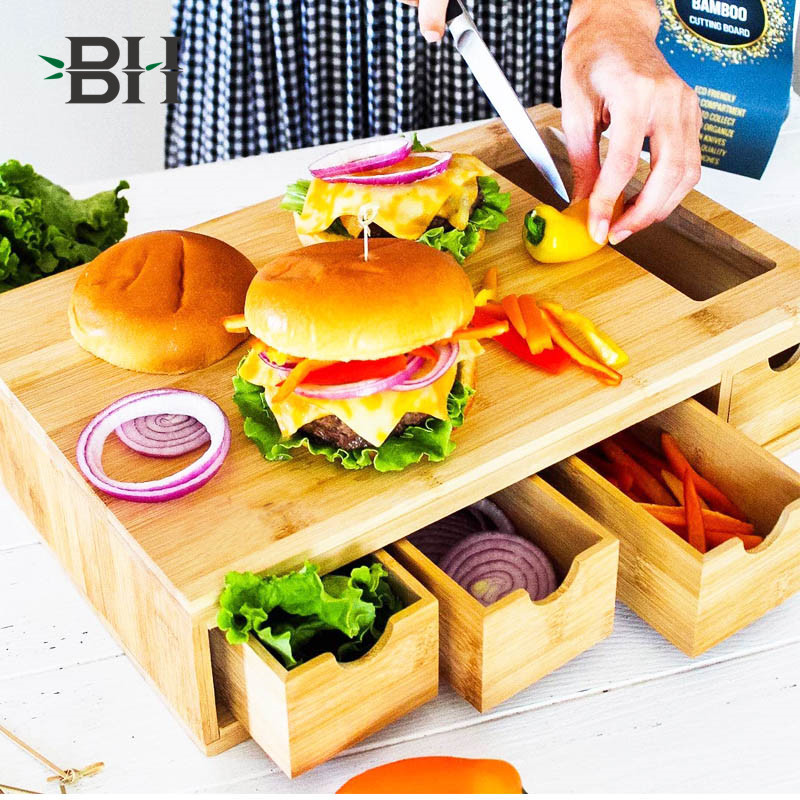Bamboo Cutting Board with 4 drawers