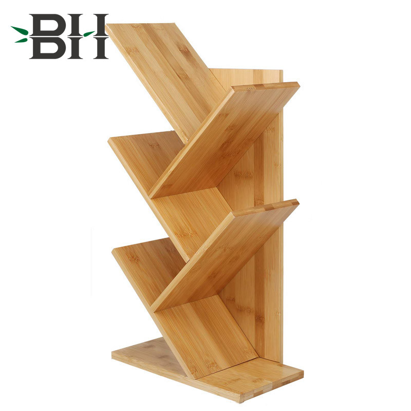 4-Tier Tree Bookshelf Bamboo Wood Bookcase Rack
