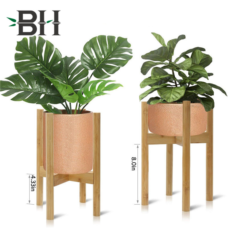 Bamboo Plant Stand Adjustable  8” to 12” Flower Pot Holder Mid Century Display Rack -Bamboo