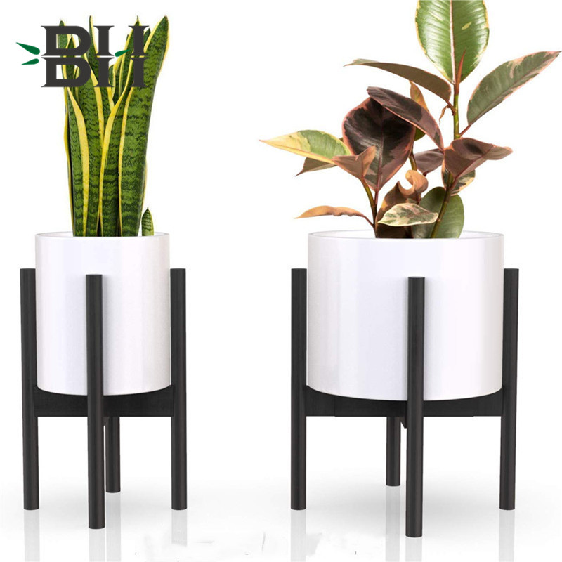 Bamboo Plant Stand Adjustable  8” to 12” Flower Pot Holder Mid Century Display Rack -Black