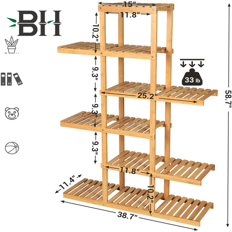 6-Tier Bamboo Wood Plant Shelf Balcony Plant Rack -Brown