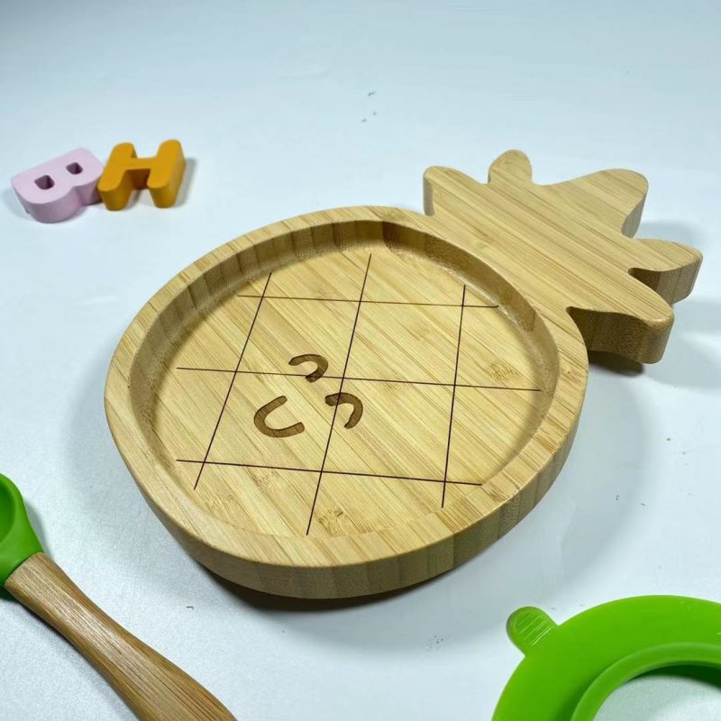 Bamboo Wooden Pineapple Baby Toddler Plate and Spoon Set with Silicone Suction Base
