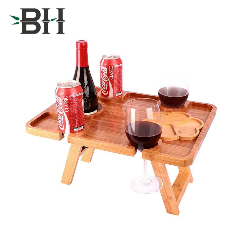 Foldable Bamboo Wine Picnic Table with Glass Holder and Snack Tray