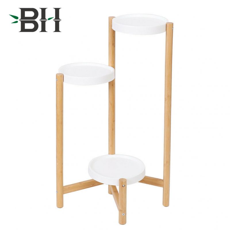 3 Tiered Bamboo Corner Plant Display Rack with White Metal Pot Bottom