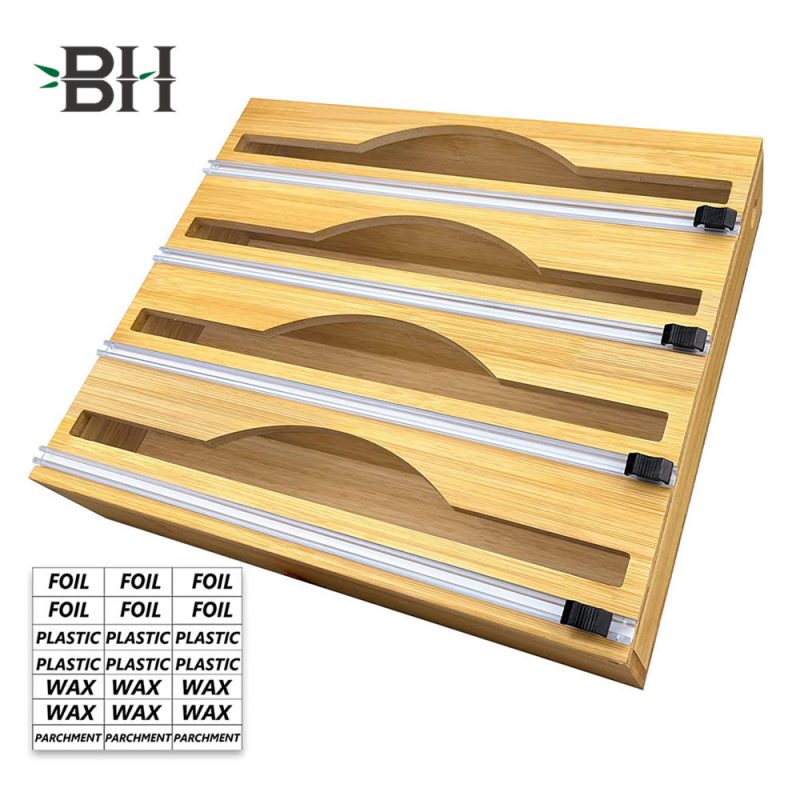 4 Slots Bamboo Wraps Dispenser Roll Organizer Holder with Cutter & Labels