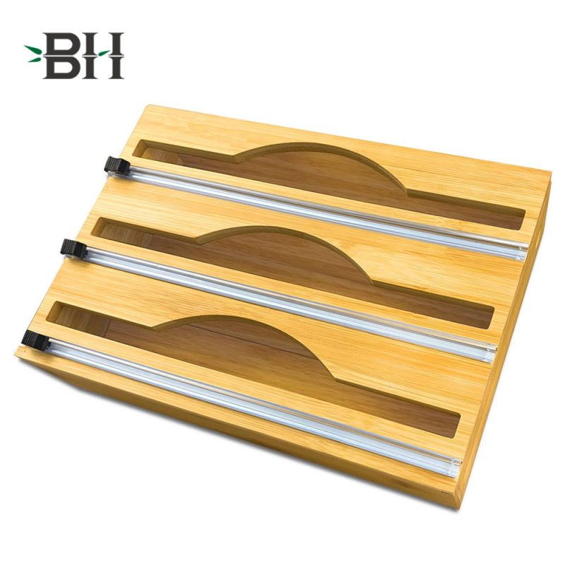 3 Slots Bamboo Wraps Dispenser Roll Organizer Holder with Cutter & Labels