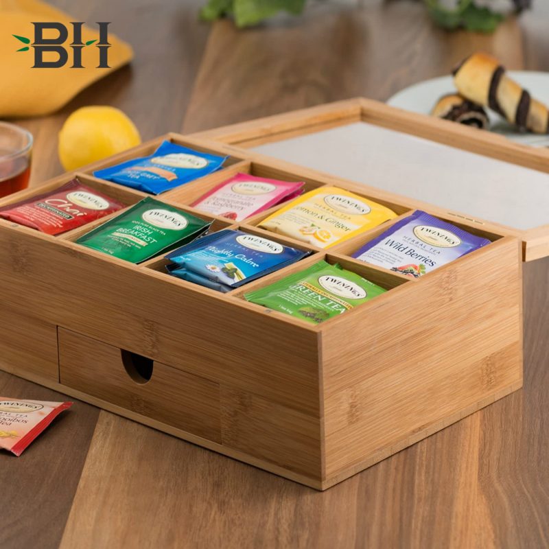 Bamboo Tea Box with Slide-Out Drawer