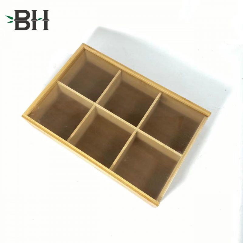Bamboo Tea Chest 6 Compartments with Clear Sliding Lid