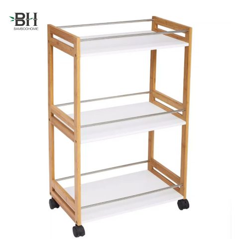 3 Tier Bamboo White Kitchen Storage Cart with Metal Bar