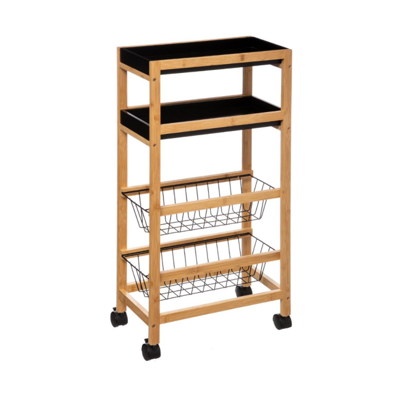 4 Tier Bamboo Bar Cart with Wire Basket, Adjustable Storage Serving Trays